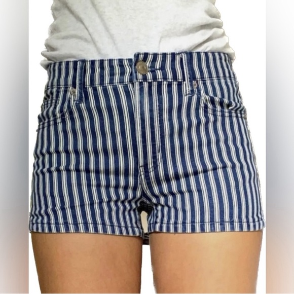 American Eagle Denim Shorts Hi Rise Shortie Blue White Stripes Size 14 - Picture 1 of 8